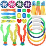 26Pcs Swimming Pool Toys Diving Toys Set, Underwater Training Toys Game Kit Includes Diving Rings, Torpedo Bandits, Stringy Octopus, Disc Number Buoy, Diving Watercress, Gemstones