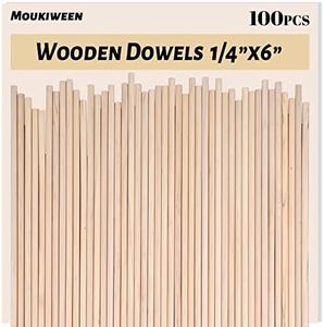 Moukiween Wooden Dowel Rods, 100PCS 1/4 x 6 Inch Round Wooden Sticks for Arts Crafts, Home Decor, Cake Support, Photo Booth Props, Unfinished Natural Hardwood Sticks