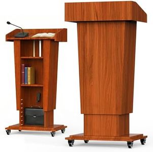 GARVIN Wooden Podium Stand with Wheels, 43"-55" Adjustable Height Podium Stand with Hand Crank, Wooden Pulpit for Churches with Storage Shelves&Cable Management Hole for Schools, Auditorium