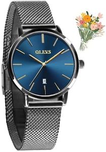 OLEVS Watch Women Small Wrists Stainless Steel Mesh Minimalist Black Ladies Watches with Date Petite Women's Wrist Watches Blue Face Ultra Thin Waterproof Womens Watch reloj para Mujer