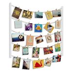 Umbra Hangit Photo Display - DIY Picture Frames Collage Set Includes Picture Hanging Wire Twine Cords, Natural Wood Wall Mounts and Clothespin Clips for Hanging Photos, Prints and Artwork (White), 26 x 30