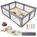COSTWAY Baby Playpen, 206 x 147cm Extra Large Toddler Fence with Mat, Ocean Balls, Pull Rings, Breathable Mesh, Infants Activity Play Yard for Indoor Outdoor (Dark Grey with Animal Mat)
