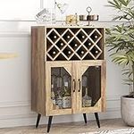 SogesHome Wine Bar Rack Cabinet Storage Cabinet Sideboard Buffet Cabinet Coffee Bar Cabinetwith 11 Bottle Wine Rack Wine Holder and 2 Metal Mesh Doors, for Kitchen, Dining Room，NSDCA-10FJGSWT01OK