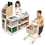 Costzon Pretend Grocery Store Playset, Supermarket Play Toy with Shopping Cart, Scanner, Register, Credit Card, 5 Wooden Coins, Cashier Pretend Play for Kids Toddlers, Gift for Boys & Girls