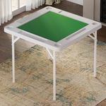 IWDOO 35.4" Square Folding Card Table, Mahjong Table with Green Felt ，Chip Trays and Cup Holders, Portable Domino Table for 4 Players, Card Game Tables for Mahjong Poker Domino Game