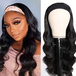 Headband Wig Human Hair Body Wave Headband Wigs for Black Women 16 Inch Brazilian Human Hair Wigs Body Wave Headband Wig Glueless None Lace Front Wigs Wear and Go Wigs 150% Density Natural Color