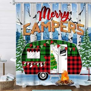 Christmas Campers RV Shower Curtain, Vintage Farmhouse Black Red Buffalo Check Plaid Car Torch Green Xmas Tree Shower Curtain, Winter Holiday forest Campers Bathroom Curtain Set with Hooks 70X70IN