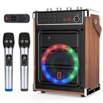 JYX Karaoke Machine with 2 UHF Wireless Microphones, Bluetooth Speaker with Bass/Treble Adjustment and LED Light, PA System Support TWS, AUX in, FM, REC, Supply for Party/Adults/Kids - Wood Grain