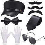 8 Pieces Chauffeur Costume Novelty Limo Driver Costume Black Chauffeur Hat Taxi Driver Hat Gloves Bow Tie Self Adhesive Fake Mustaches Beard Glasses