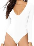 MANGDIUP Women's Long Sleeve Tops Basic V-Neck Leotard Bodysuit Jumpsuit (White, XXL)