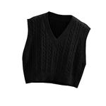 Lailezou Women's V-Neck Knit Sweater Vest Solid Color Argyle Plaid Preppy Style Sleeveless Crop Knit Vest Black