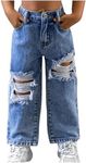 WDIRARA Toddler Girl's Ripped Straight Leg Crop Jeans Elastic Waist Denim Pants with Pockets Light Blue 4Y