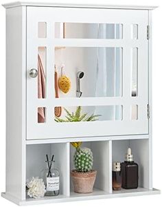 Giantex Wall-Mounted Bathroom Cabinet, 2-in-1 Storage Organizer w/Mirror Doors, Mirrored Medicine Cabinet w/Adjustable Shelf & 3 Open Compartments for Bathroom, Living Room, Entryway, White