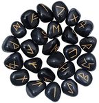 Crocon Black Obsidian Rune Stones Set with Elder Futhark Alphabet Engraved Symbol for Chakra Balancing Home Office Decorative Stone Size :- 15-20 mm | with a pouch & rune brochure