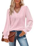 Flikity Womens Lace Tops, Lace V Neck Puff Long Sleeve Eyelet Tops Casual Work Ladies Blouses Office Daily Wear Basic Shirts Trendy Elegant Spring Summer Fall Clothing Light Pink M