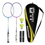 QICHUAN Whizz Full Carbon Graphite Badminton Racket Set - Y56 (87g Strung 24lbs) - Including Grip Tape & Racquet Bag, Blue+Pink