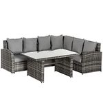 Outsunny 3 PCS PE Rattan Corner Dining Set Outdoor Garden Patio Sofa Table Furniture Set w/Cushions Grey