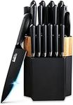 Knife Set, 15 Pieces Black Kitchen Knife Set with Wooden Block, Non-Stick Coating Chef Knife Set with Knife Sharpener for Self Sharpening, German Stainless Steel Knife Set with 6 Steak Knives, Black