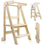 Kitchen Foldable Toddler Tower, Learning Tower with 3 Adjustable Height, Kitchen Step Stool for Kids with Magnetic Whiteboards, 1-6 Years Toddler Kitchen Stool (Wood)