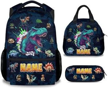KNOWPHST School Backpack for Boys 3 Pcs Set with Lunch Box and Pencil Case; Personalized Name Dinosaur Bookbag for Kids Teens Elementary Middle School 17 Inch