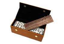 Alex Cramer Spinner Domino Set. Caramel Leather Case - Professional Tournament Traveler Domino Set - with Spinners - 28 Indestructible Double Six Dominoes (Travel Domino Set in Leather Case)