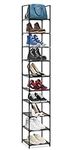 Perome 10 Tiers Small Shoe Rack, Tall Shoe Storage Shelf for 10 Pairs of Shoes, Non-Woven Fabric Metal Slim Shoe Organiser, Space Saving Shoe Tower Stand for Hallway, Entryway, Cloakroom (Black)