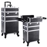 Frenessa 3 in 1 Professional Rolling Makeup Case, Large Storage for Makeup Artist, Hairstylist, Nail Tech, Black Vintage