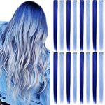 MQY COLOR 16 PCS Multi Colored Hair Extensions Clip in Kids Blue Hairpieces Party Highlights DIY Blue Hair Accessories for Girls Women 21 Inches Long Hair (Dark blue,Light blue)