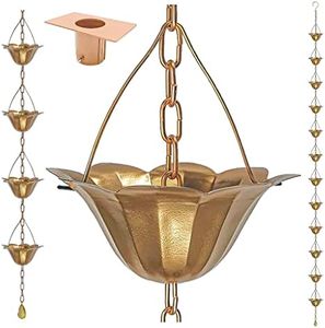 LEPTALINA 8.5FT Lotus Copper Colored Iron Rain Chains for Gutter and Rain Barrel | Rust-Resistant Plated Garden Décor Rain Chain for Downspout | Bonus Rain Chain Gutter Adapter