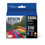 Epson DURABrite Ultra 220XL/220 High Yield Black and Standard Color Cyan Magenta Yellow Cartridge, (T220XL-BCS), Combo 4/Pack