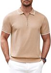 COOFANDY Mens Quarter Zip Polo T Shirt Vintage Striped Lightweight Knitting Golf Workout Classic fit, Light Tan, Medium, Short Sleeve