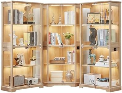 LELELINKY Farmhouse Corner Display Cabinet Set of 3 with Glass Doors, Corner Curio Cabinet with 3-Color LED Motion-Sensor Light, Natural Wood