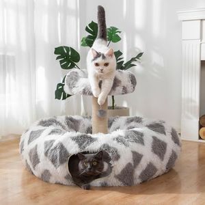 LUCKITTY 2 in 1 Cat Donut Tunnel & Scratching Post Bed- Featuring with Soft Plush Perch, Sisal-Covered Scratch Posts and Hanging Balls, Great for Kittens and Cats, Grey & White Diamond Pattern