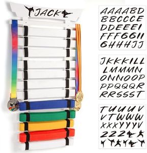 Winartton 12 Belts Karate Belt Display Rack with Stickers, Martial Arts Belt Display Holder, Taekwondo Belt Jiu Jitsu Belt BJJ Belt Display Hanging Holder for Adults