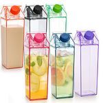 yarlung Set of 6 Plastic Milk Carton Colorful Clear Water Bottle, 17 Oz Portable Milk Box Leakproof Square Juice Bottle for Outdoor Sports Travel Camping