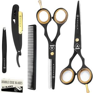 Professional Hair Cutting Scissors Set - Hairdressing Scissors, Barber Shears, Thinning Scissors comes with Barber Shaving Razor, Tweezer, Comb & a Pack of Double Edge Blades, Magnetic Box, 6pcs Set (Black, 5.5 Inches Scissors)