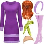 HMPRT Halloween Deluxe Adult Costume for Women,Purple Mini DressWigs,Scarf Headband,Thigh High Socks and Wig Cap, Purple, Large