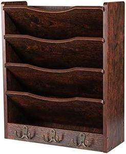 PAG 5-Tier Wall File Holder Hanging Mail Organizer Wood Magazine Literature Rack with 6 Hooks, Brown