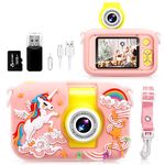 Kids Camera with 180° Flip-Up Lens, 2.4inch HD IPS Screen Digital Camera for Kids with Unicorn Silicone Case, with 32GB SD Card