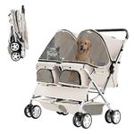 LPOTIUS Double Pet Stroller, Foldable Stroller for 2 Dogs & Cats, Two-Seater Carrier Twin Dog Walk Jogger Travel Pet Carriage Cart with Storage, Grey