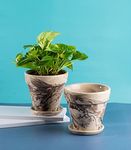 Nurturing Green® Set of 2 Dark Brown Ceramic Pot with Marble Finish for Home & Indoor Decor (Size: 5.4 Inch Wide | Comes with Bottom Tray) - [Plants are not Included]