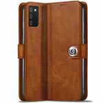TheGiftKart Genuine Leather Finish Flip Back Cover Case for Samsung Galaxy A03s | Inbuilt Pockets & Stand | Wallet Style | Designer Button Magnet Flip Cover Back Case for Samsung Galaxy A03s (Brown)