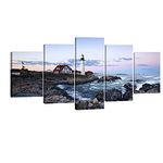 Wieco Art - Island 5 Piece Modern Stretched and Framed Seascape Lighthouse Giclee Canvas Prints Artwork Blue Ocean Beach Pictures Paintings on Canvas Wall Art for Living Room Bedroom Home Decorations