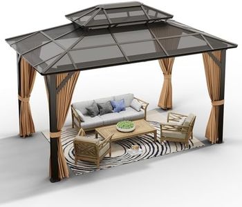 GarveeLife 10X13 FT Hardtop Gazebo, Outdoor Polycarbonate Double Roof Canopy, Heavy Duty Hardtop Pavilion with Netting and Curtains, Aluminium Framed Gazebo for Patios, Patios, Lawns and Decks, Brown