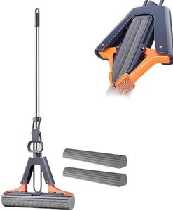 Folding Sponge Mop, with 2 Absorbent Sponge Head Refills, Squeeze Roller Mop for Cleaning Floors, Home Office Cleaning for Wet & Dry Use, Floor Mops for Hardwood & Laminated Floors