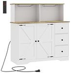 WEENFON Buffet Cabinet with Power Outlets and Glass Holder, Farmhouse Sideboard Buffet Cabinet with Drawers and Doors, Bar Cabinet, Kitchen Buffet Cabinet，Solid Wood Frame White