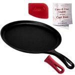 Cast Iron Round Griddle – 10.5” Crepe Pan - Pre-Seasoned Skillet with Silicone Handle Grip – Grill, Oven, Stove Top and Induction Safe