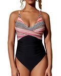 Santulu Women's Front Cross One Piece Swimsuit V Neck Tummy Control Ruched Bathing Suit Slimming Swimwear Monokini, Strip Rhombic, L