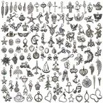 120PCS Wholesale Bulk Lots Jewelry Making Silver Charms Mixed Smooth Tibetan Silver Metal Charms Pendants DIY for Necklace Bracelet Jewelry Making and Crafting