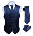 Hisdern Men's Classic Paisley Floral Jacquard Waistcoat&Necktie and Pocket Square Vest Suit Set, M(Chest 44inch), Navy Blue